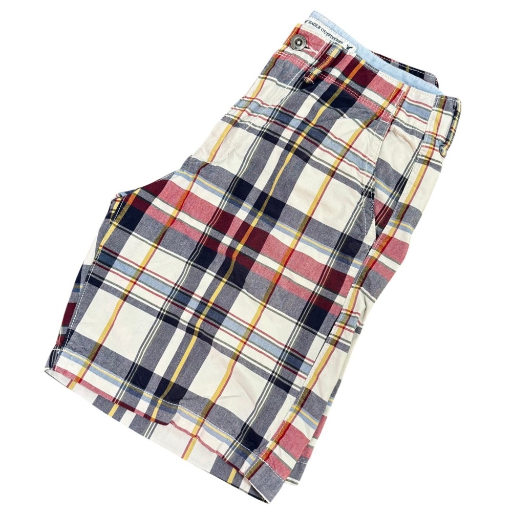 American Eagle Mens Classic Length Plaid‎ Shorts Red Navy Yellow White Size 32